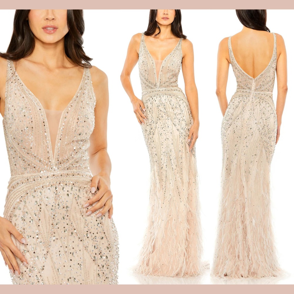 NWT $1498 Mac Duggal [ 2 ] 11120 Embellished Feather Detail Hem Gown Blush J1593